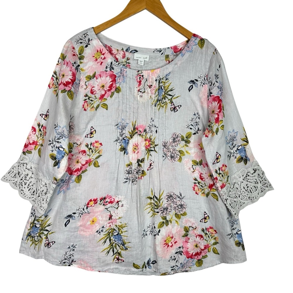 J Jill Love Linen Floral Blouse Petite L 
 White Pink Lace Trim Boho Cottagecore